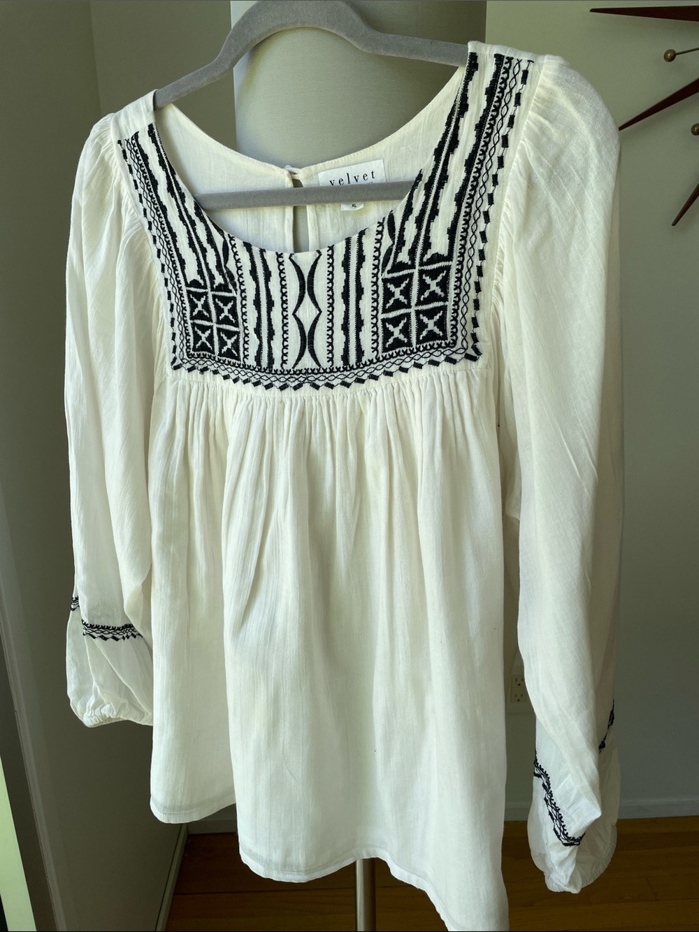 Velvet Ivory Peasant Tunic with Black Embroidery